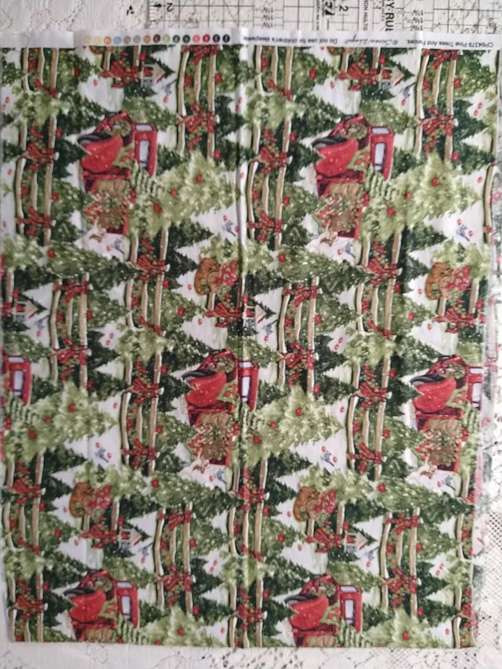 "Pine Trees & Fences" Fabric Susan Winget Red Truck Christmas Trees Snow 17x43 - Image 3 of 4