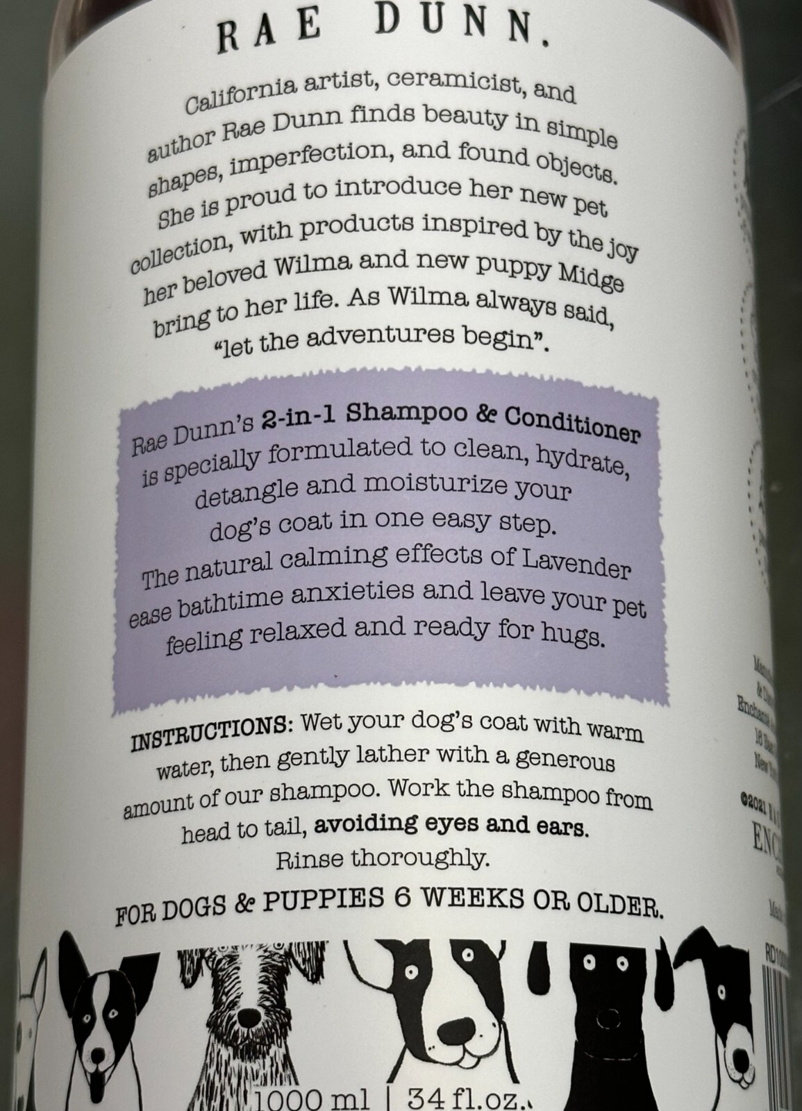(2Pack) RAE DUNN 2in1 WASH PET DOG SHAMPOO + CONDITIONER 1000ml