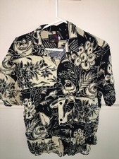 MENS JAMS WORLD BLACK BEIGE TAN RAYON HAWAIIAN ISLAND ALOHA SHIRT SIZE L 46"