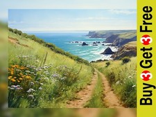 Serene Green Hills to Sea Watercolor Painting Print 5"x7"