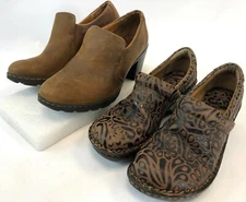 BORN Womens Lot of 2 Pair Brown Leather Embossed Solid Slip On Clogs Shoes 6.5