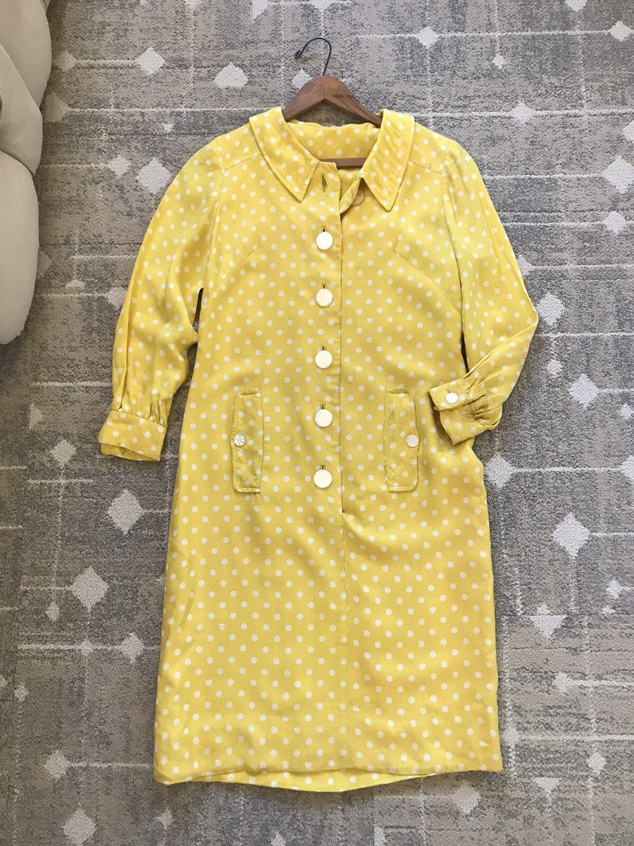 Vintage 1960's Yellow Polka Dot Button Shirt Dress Mod MCM Retro 60's 50's