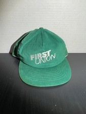 Vintage green corduroy trucker hat featuring embroidered "FIRST UNION"