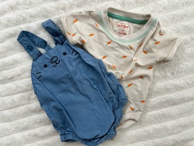 Cat & Jack Easter Bunny Set 0-3M Carrot Print outfit & Blue Rabbit Romper