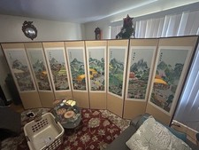 Vintage Asian Chinese Korean Silk Embroidery Eight Panel Privacy Screen Signed