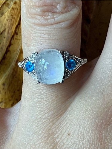 Natural Rainbow Moonstone Blue Apatite Sterling Silver Ring Size 6.75