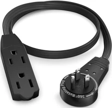 "1 Ft 360° Rotating Flat Plug Extension Cord – 16AWG, 3-Outlet, Black"