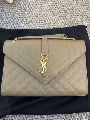 Saint Laurent YSL Medium Envelope Grain de Poudre Leather Bag Dark Beige
