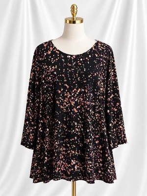 Susan Graver Liquid Knit Printed A-Line Tunic Top 3/4 Sleeves Black Pink Size 2X