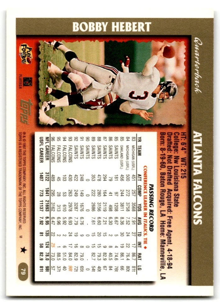1997 Topps Bobby Hebert Atlanta Falcons #79 - Image 2 of 2