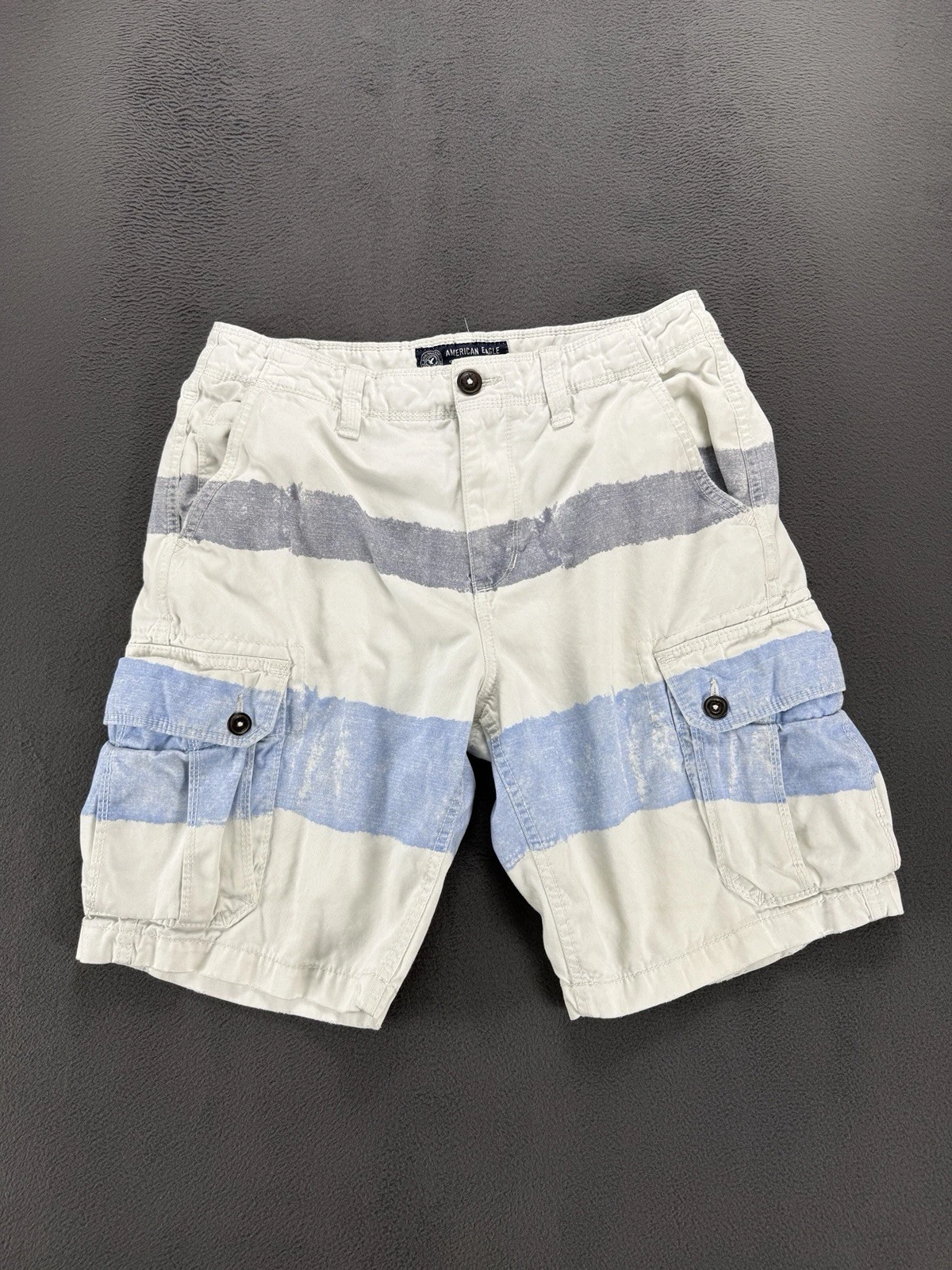 American Eagle Cargo Shorts 32 Gray Blue Faded Stripe Casual Cotton Multi Pocket