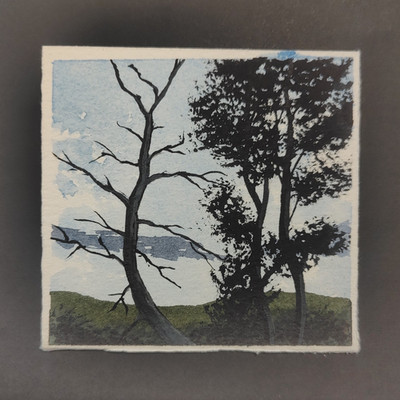 Small Landscape Trees Sky Watercolor Painting on Paper Unframed