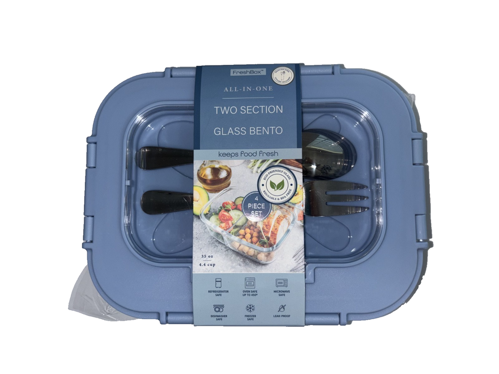 Glass Bento Box, Heat Resistant Glass Storage Container Includes Spoon & Fork