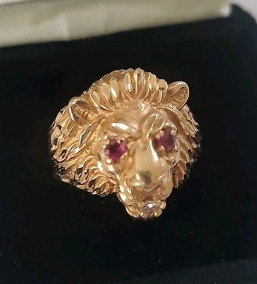 14K Gelbgold Löwenkopf Diamant Mund & Rubin rote Augen 3D Ringgröße 8,5