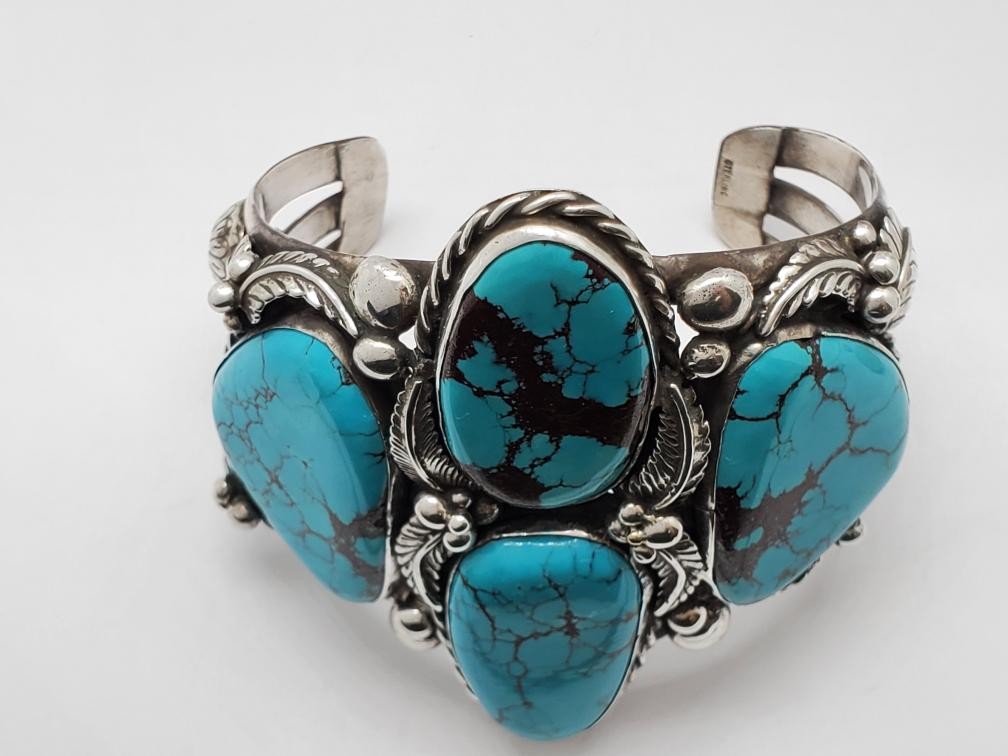 925 Solid Silver Cabochon Cut Turquoise Cuff Brac… - image 2