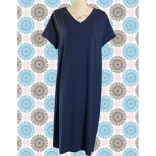 H by Halston Navy V-Neck Dress XL | Minimalist Pullover Midi with Mesh Trim