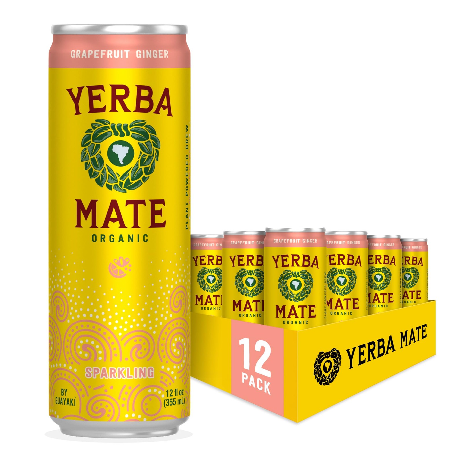 Yerba Madre Organic Sparkling Yerba Mate, Grapefruit Ginger, 80mg Natural Pla...