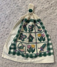 Vintage Handmade Crochet Hanging Kitchen Hand Towel Green Garden Birds Flowers