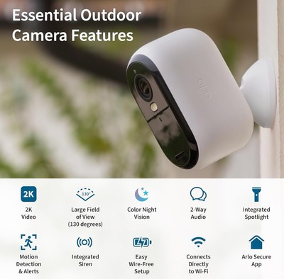Arlo Essential Security Camera 2K Outdoor/ Indoor 2ndGen Wireless with Spotlight
