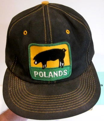 VTG FARMER AG HAT 1980'S ALL BLACK DENIM TWILL POLAND CHINA HOG PATCH BY K-BRAND - Image 1 of 4