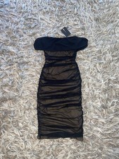 Fashion Nova Black Mesh Ruched Off Shoulder Bodycon Sleeveless Zip Dress, Size M