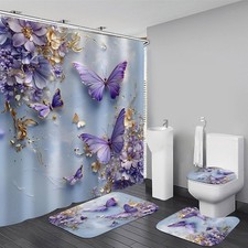4 Pcs Purple Floral Butterfly Shower Curtain Set with Non-Slip Rugs, Modern T...