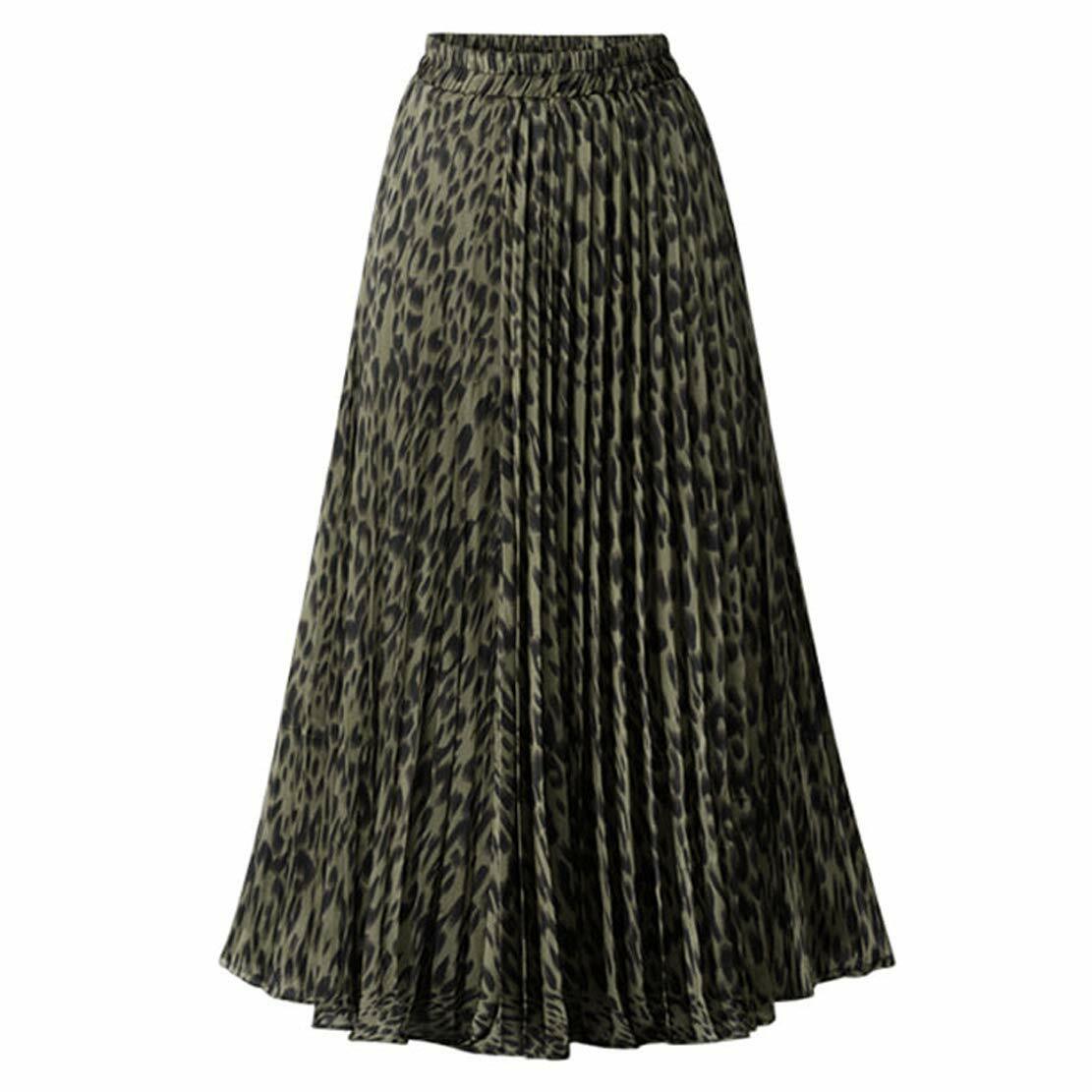 Womens Chic Elastic High Waisted Leopard Print Pleated Shirring