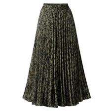 Womens Chic Elastic High Waisted Leopard Print Pleated Shirring Skirt Green XXS