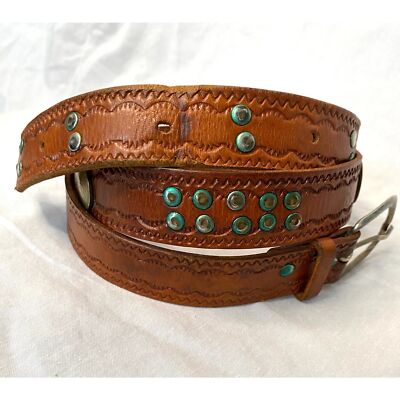 Tooled Leather Belt Metal Studs & Ram Head Coins Adjusts 28 1/2\