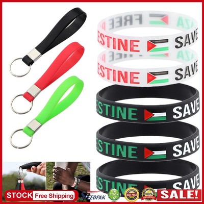 8Pcs Flag Color Keychain Elastic Wrist Band & Key Ring Set for Women Men Teens *