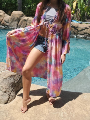 Maya Antonia Hand Tie-Dye Sunset-Pink Maxi Dress/Kimono/Beach Cover-Up/Boho  | eBay