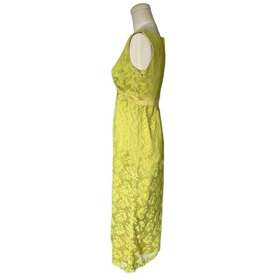 Vintage 60s Bright Green Chartreuse Allover Lace Dress Sleeveless Gown XS/S