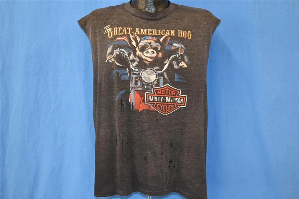 vtg 80s 3D EMBLEM HARLEY DAVIDSON AMERICAN HOG MOTORCYCLE CUT SLEEVE t-shirt XL - Image 2 of 4