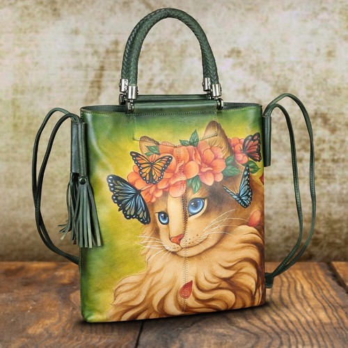 Hand painted Genuine Leather Purses and Handbags Women Shoulder Bag Tote Bag - Picture 3 of 21