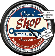 Personalized Your Name & Date Shop Mechanic Tools Rules Gift Sign Wall Clock