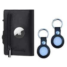 Airtag Wallet & 2-Pack Keychain Genuine Leather Credit Card Holder AirTag Case