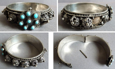 Ancien Bracelet ethnique argent massif + perles silver colonial 77 gr