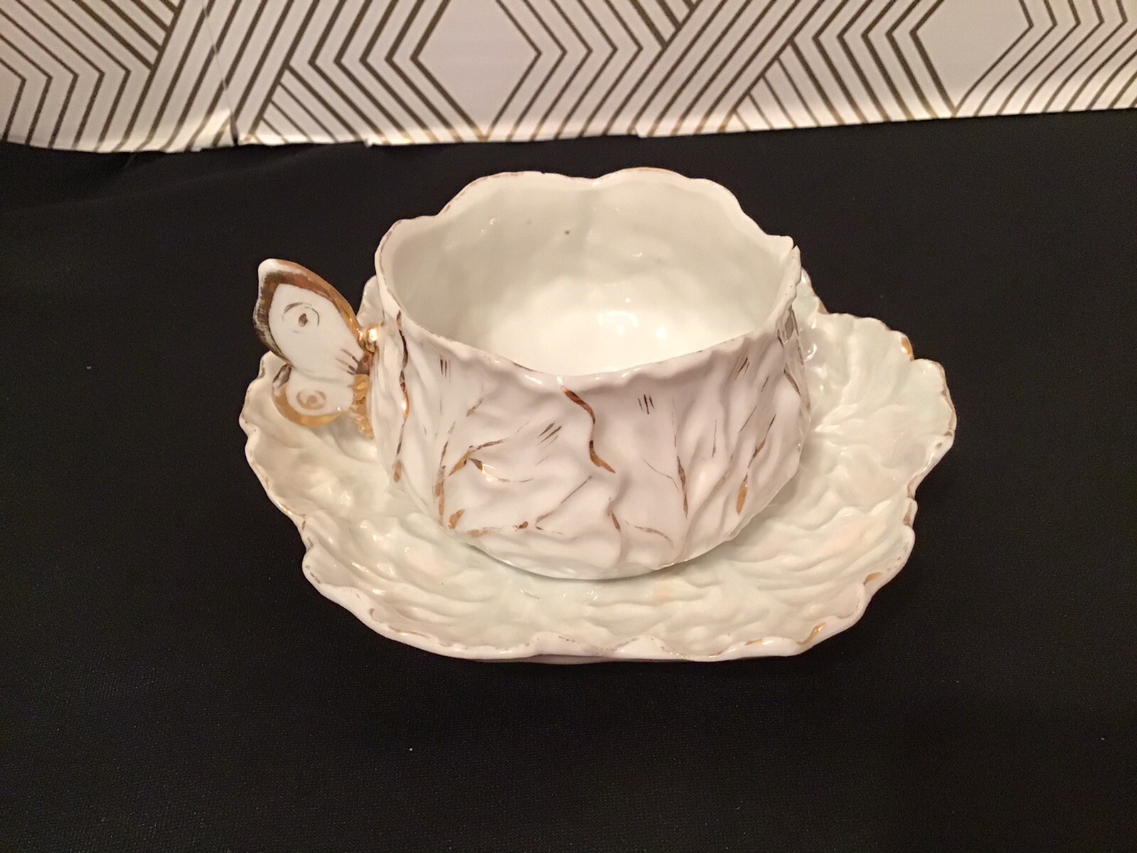 Demitasse Cup and Saucer Tea Cup with Gold Trim, Butterfly Handle