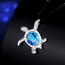 TURTLE NAUTICAL beach opal charm pendant 18" Sterling Silver 925 necklace women