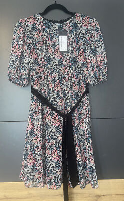Trendyol Short Sleeve Floral Chiffon Belted Dress Sz 8