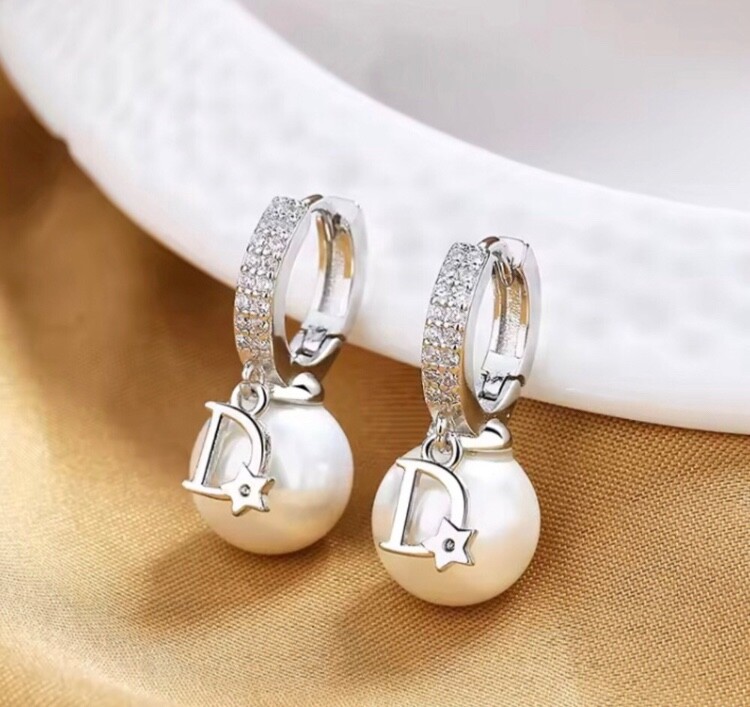 Elegant Silver White Pearl DIOR Earrings New Collection
