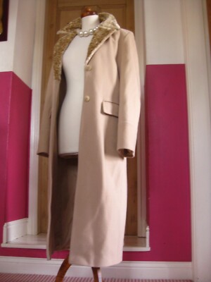 VINTAGE M&S WOLLMANTEL 14 16 XLONG Kaschmir Camel Kunstfellkragen Retro Smart