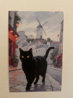 Black Cat Paris & Eiffel Tower 4x6 Postcard France Europe