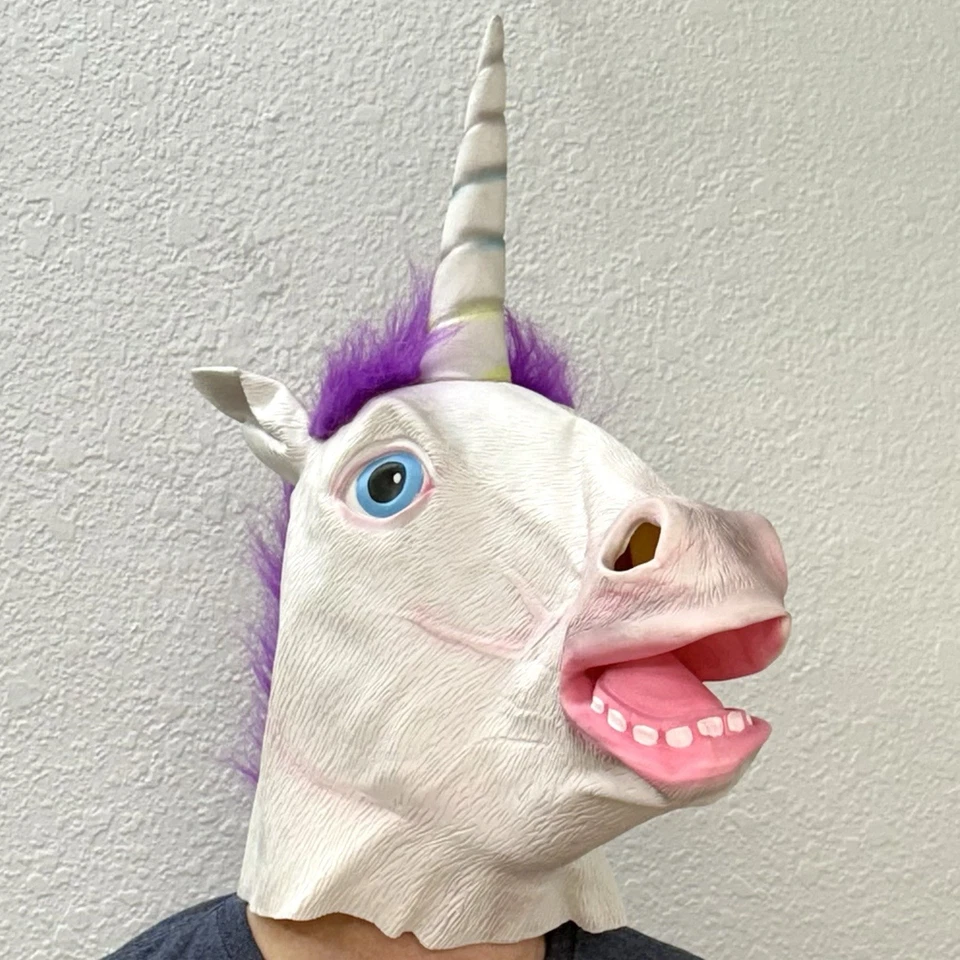 Adult UNICORN Horse Full Head LATEX MASK Halloween Cosplay White Purple Mane EUC - Image 2 of 4