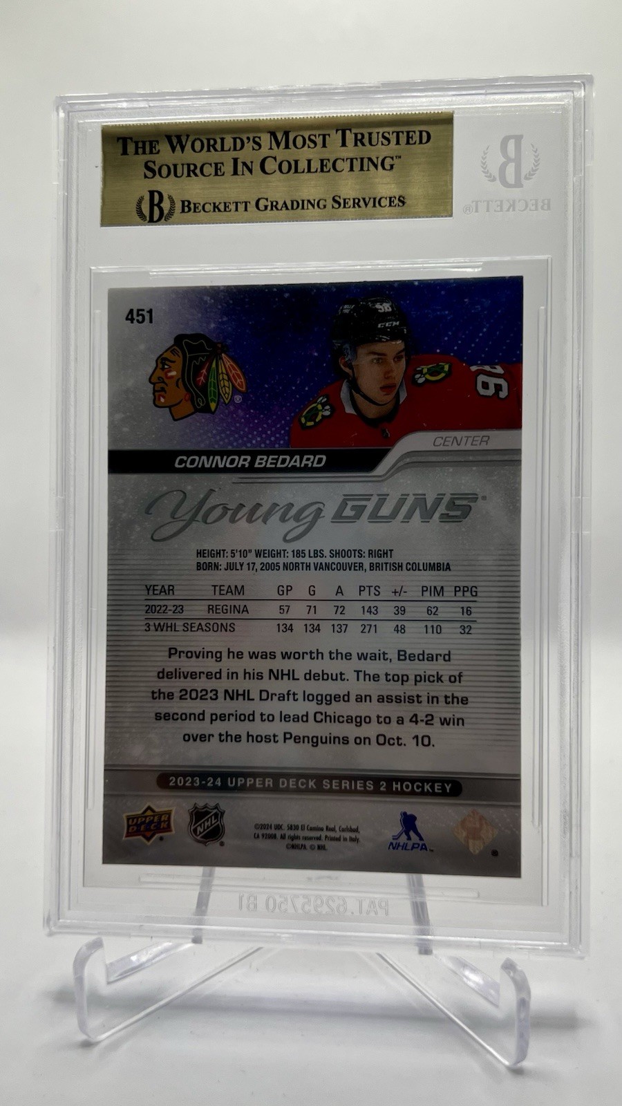 2023-24 Upper Deck - Connor Bedard Young Guns #451 (RC) Rookie BGS Pristine 10 view 2