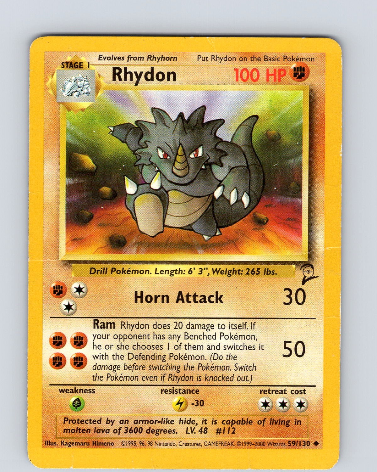 Pokemon TCG Rhydon Base Set 2 59/130 Unlimited Uncommon Card WOTC Played HP