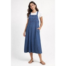 Vintage Overall Dress Denim Modest Jumper Pinafore Midi Dress Blue M
