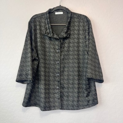 Bryn Walker Large Houndstooth Button Down Shirt Grey Black 3/4Sleeve Jersey Knit