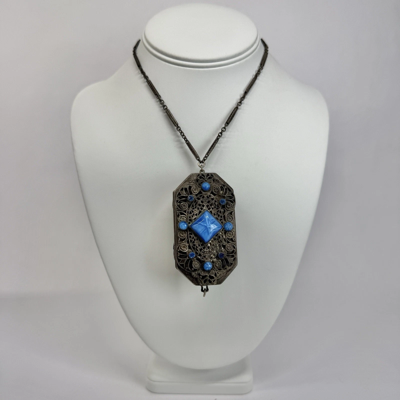 Art Deco Czech Blue Stones Filigree Locket Vintage Necklace Jewelry N520