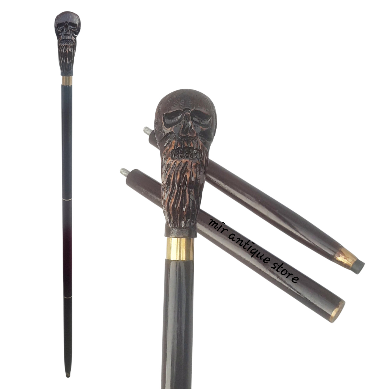Handmade Walking Cane Asterom Bearded Skull Head Wooden Carved Gift Men, Women